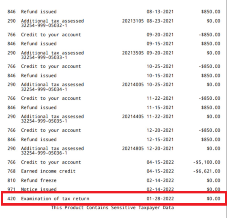 irs-code-420-on-2023-2024-tax-transcript-examination-of-tax-return