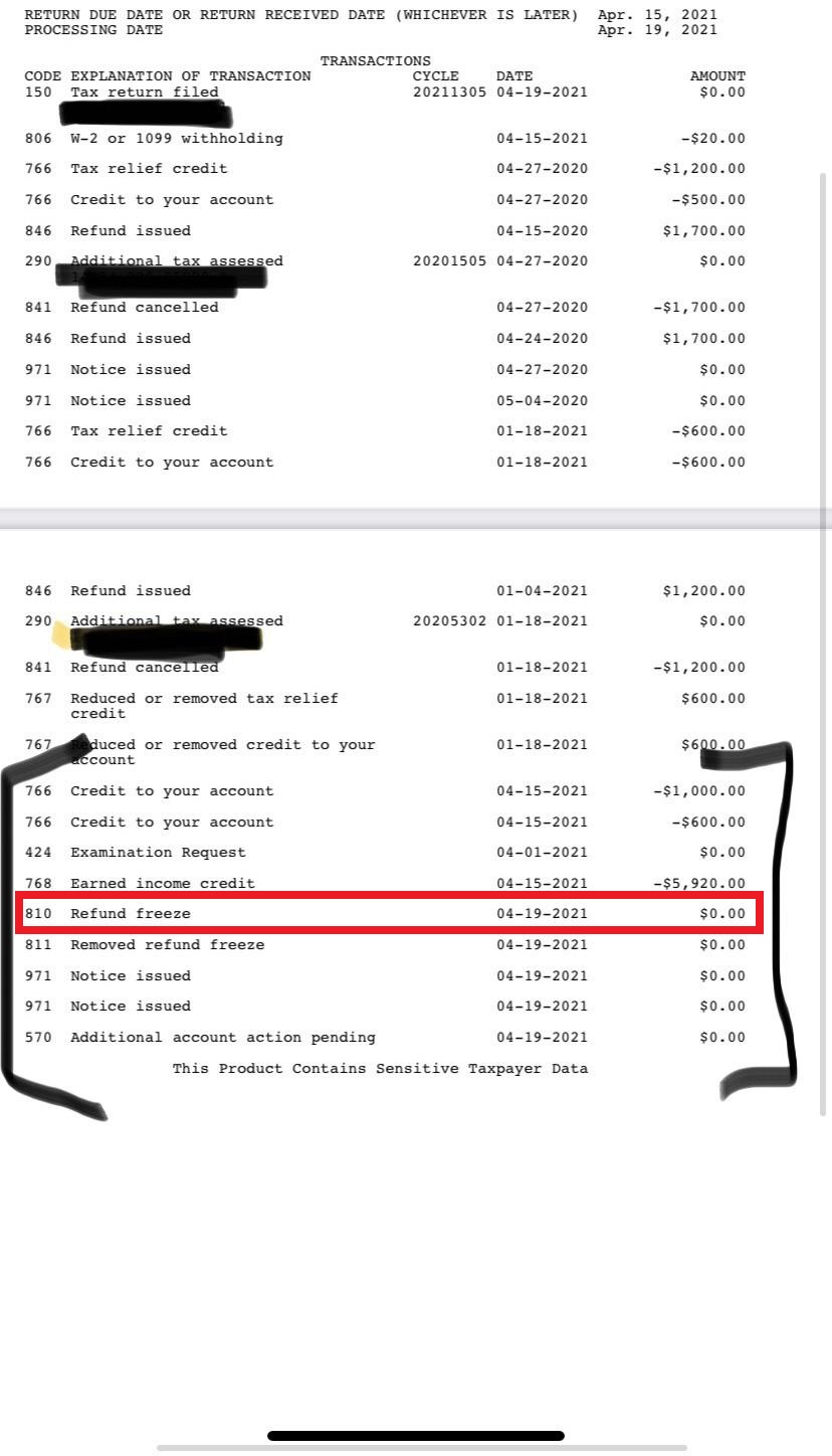 IRS Code 810 Refund Freeze Meaning On 2023/2024 Tax Transcript